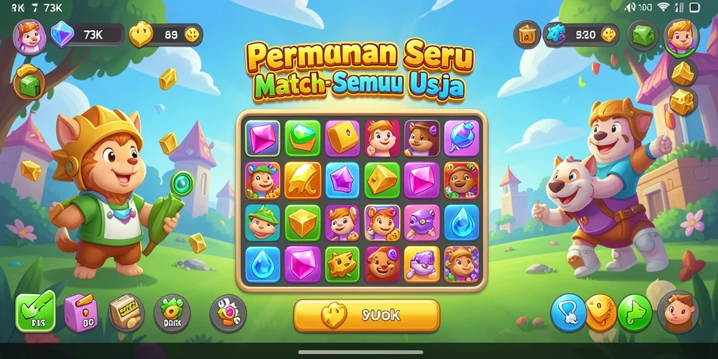 Tampilan gameplay 73K dengan grafis warna-warni dan tantangan seru.