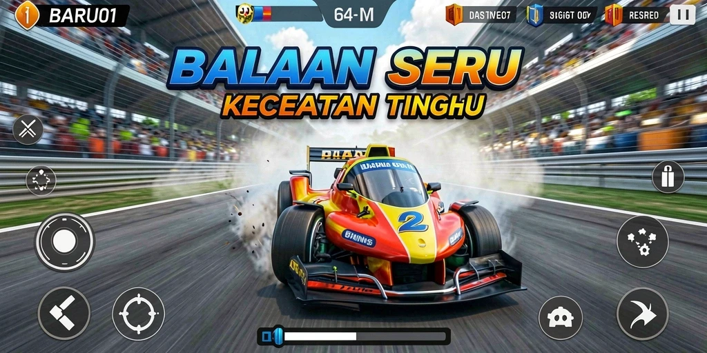 Tangkapan layar utama BARU01 menampilkan aksi balapan yang mendebarkan.