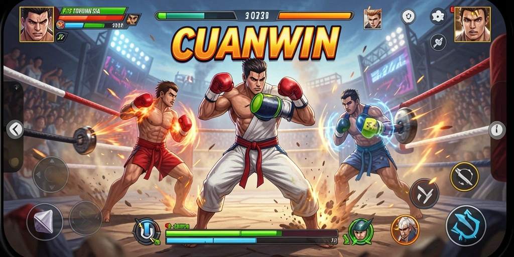 Screenshot CUANWIN menampilkan pertarungan epik antara karakter-karakter yang menegangkan.