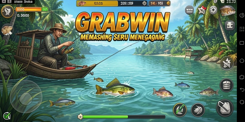 Tampilan utama gameplay GRABWIN menunjukkan petualangan memancing yang seru.