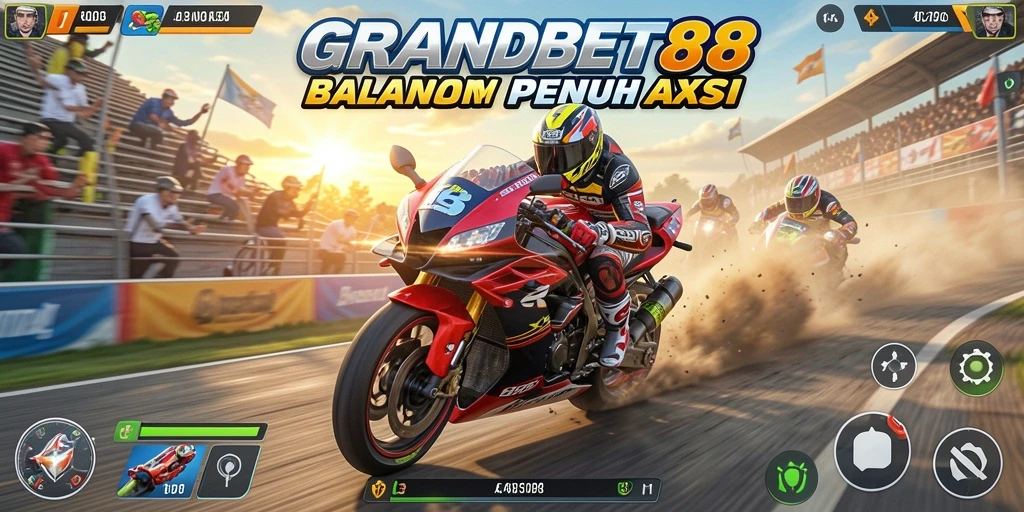 Tampilan layar utama <strong>GRANDBET88</strong> menampilkan balapan motor yang seru dan mendebarkan.