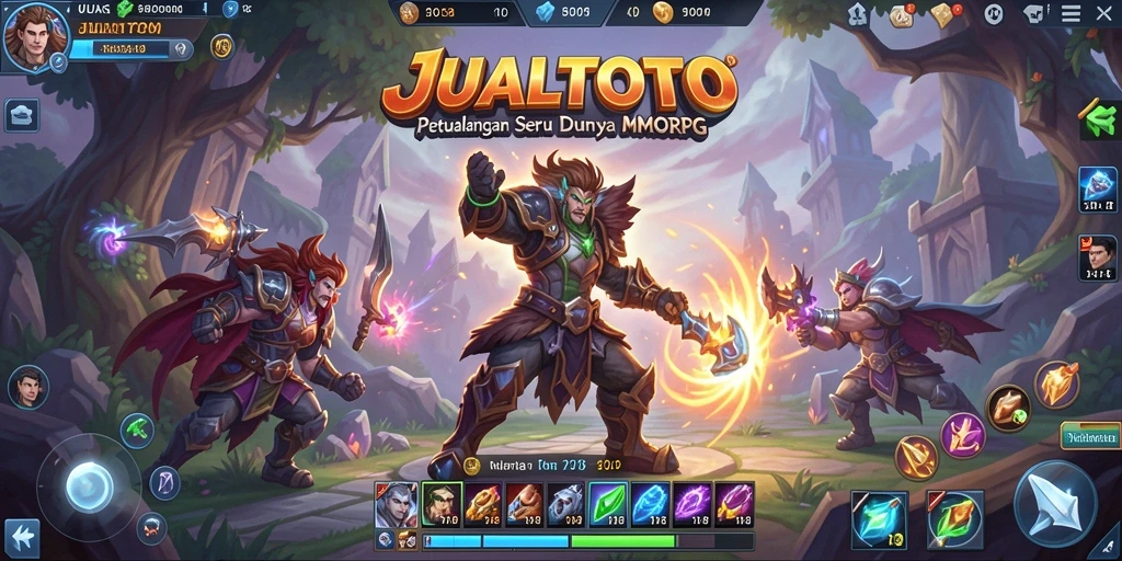 Screenshot JUALTOTO menunjukkan karakter pemain bertempur di medan perang MMORPG.