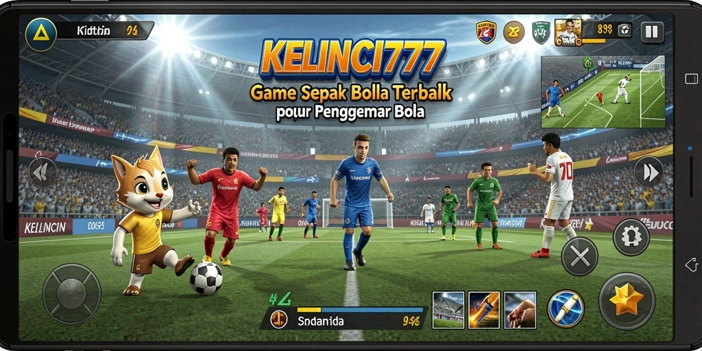 Tangkapan layar permainan KELINCI777 menampilkan aksi sepak bola yang seru.