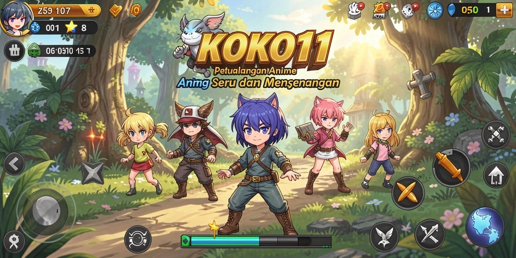 Screenshot gameplay KOKO11 menampilkan pertarungan karakter anime yang seru.