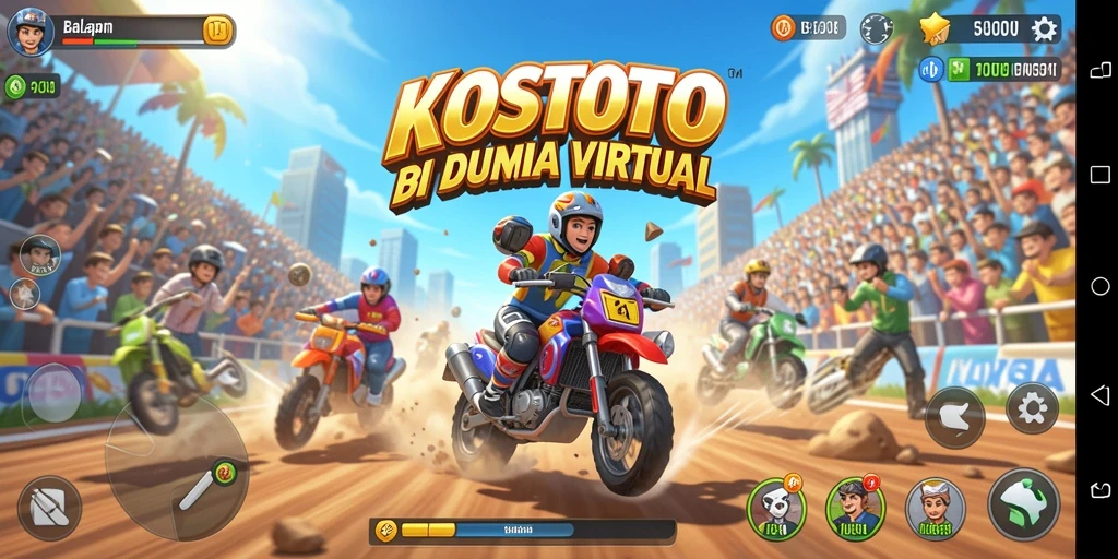 Tangkapan layar dari gameplay seru KOSTOTO saat balapan di lintasan.