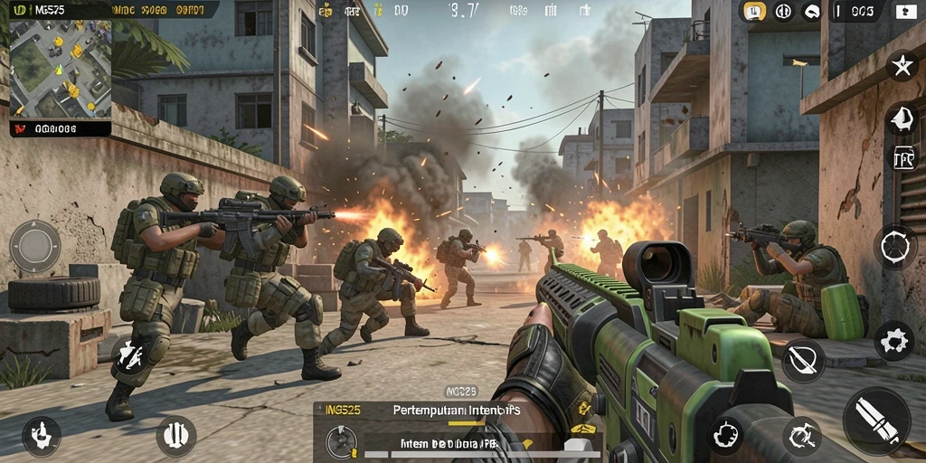Screenshot MG525 menampilkan aksi pertempuran FPS yang mendebarkan.