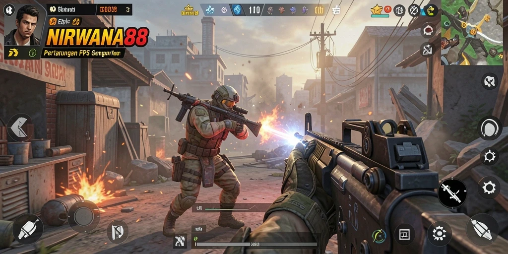Screenshot gameplay NIRWANA88 menunjukkan aksi tembak-menembak yang intens.