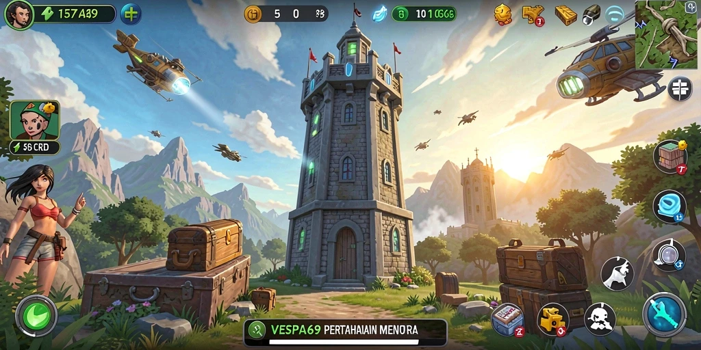 Tampilan gameplay VESPA69 dengan menara pertahanan yang beragam.