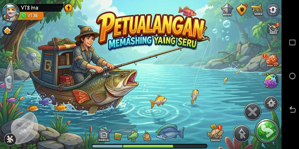 Screenshot gameplay VT38 menampilkan aktivitas memancing yang menegangkan.