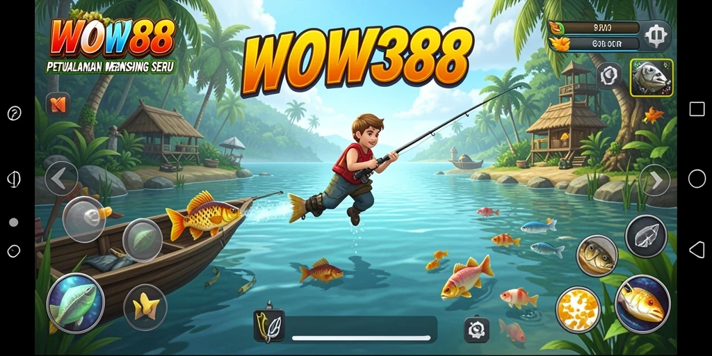 Screenshot utama WOW388 menampilkan gameplay memancing yang interaktif.